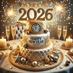 A happy new year birthday cake placed on a table