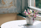 Sunlight falling on pink flower pot that is kept on table
