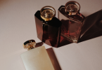 Perfume bottle kept on table