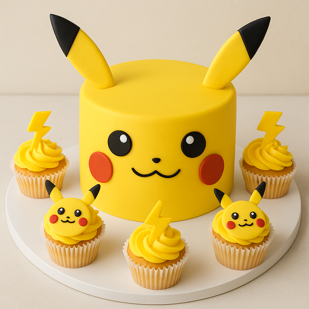 Pikachu Face Cake with matching theme cupcakes