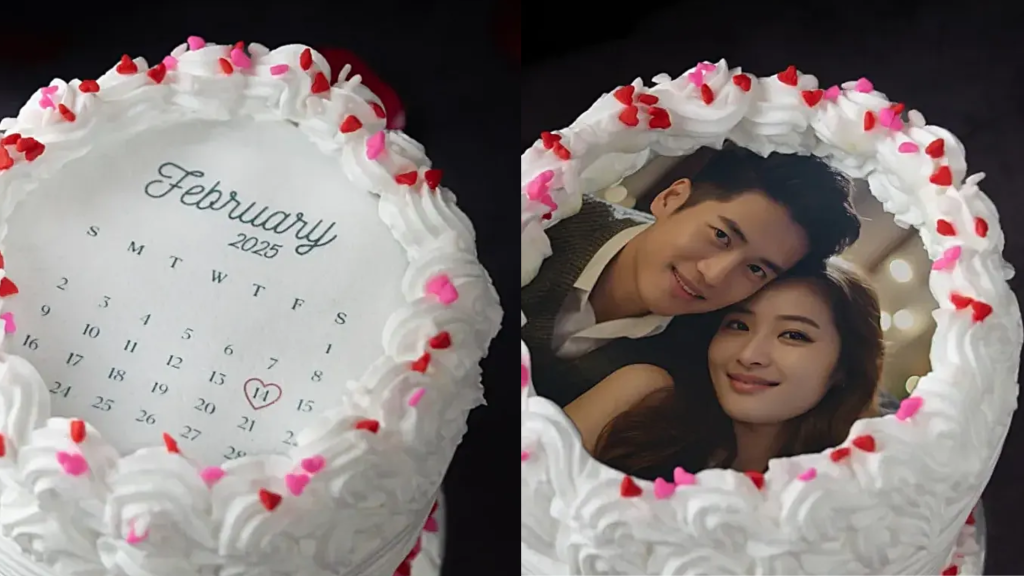 A beautiful burnaway cake with calendar that is burning, revealing a beautiful, romantic couple’s photo underneath