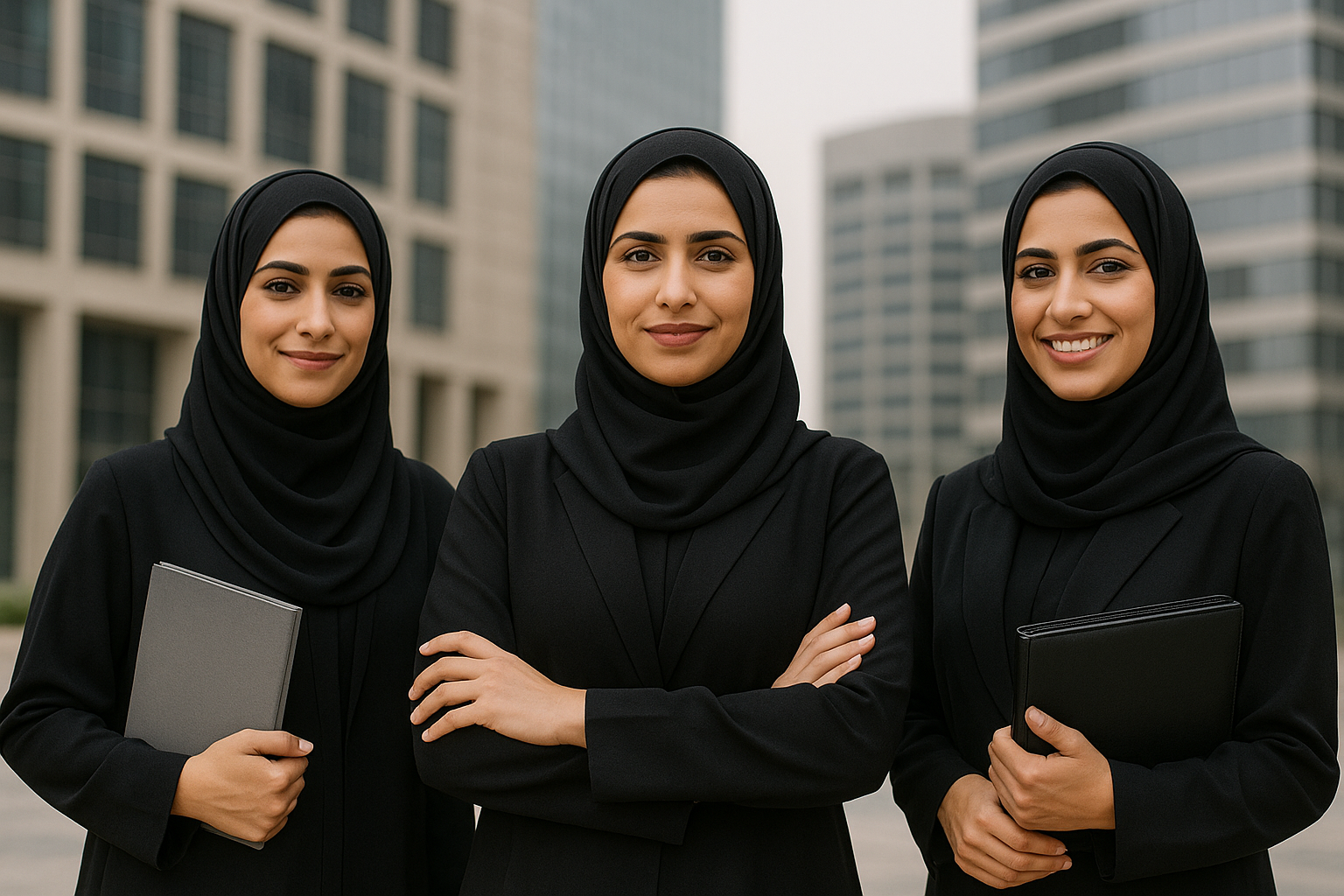 Emirati women standing with laptop in their hands