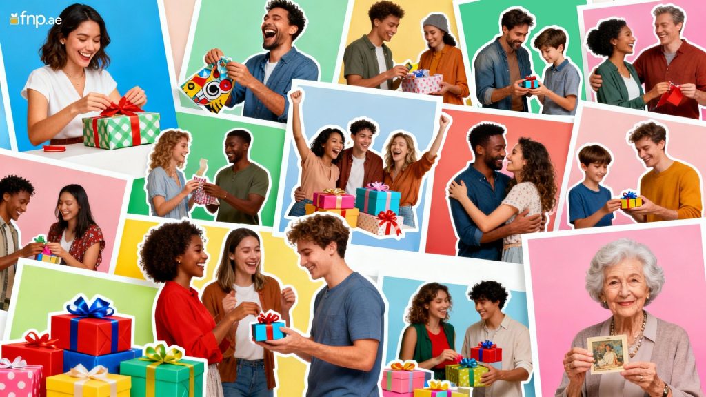 A collage of Diverse group of people sharing and reacting to gifts