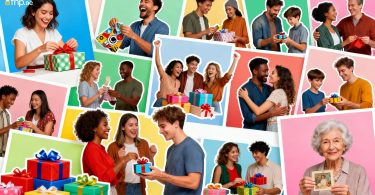 A collage of Diverse group of people sharing and reacting to gifts