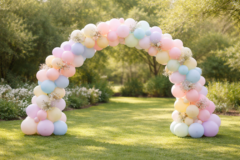 Pastel Colour Balloon Arch in Garden