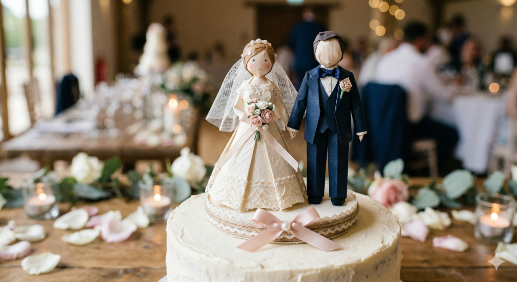 DIY Wedding cake topper of couple made with Paper and ribbon