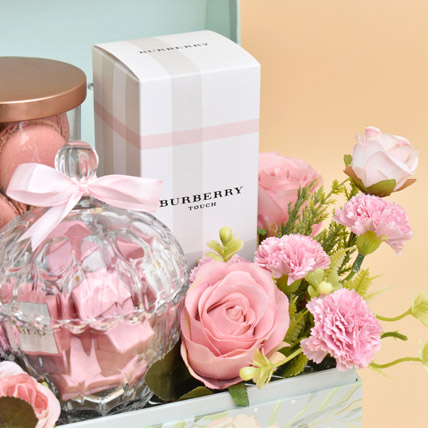 A beautiful pink flower hamper with burberry perfume for girl