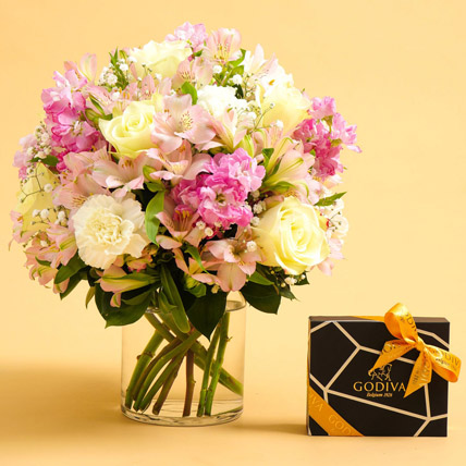 Mixed flower vase with Godiva chocolate box for gifting