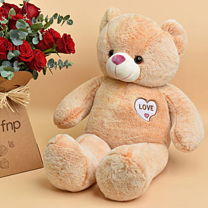 20 Red Roses Hand Bouquet and Teddy