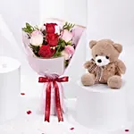 Pink and Red Roses Beauty Bouquet With Teddy Bear For Valentines