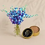 Blue Orchids Bouquet With Tin Cake