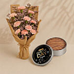 Charming Pink Carnations With Happy Birthday Cake In Tin Box