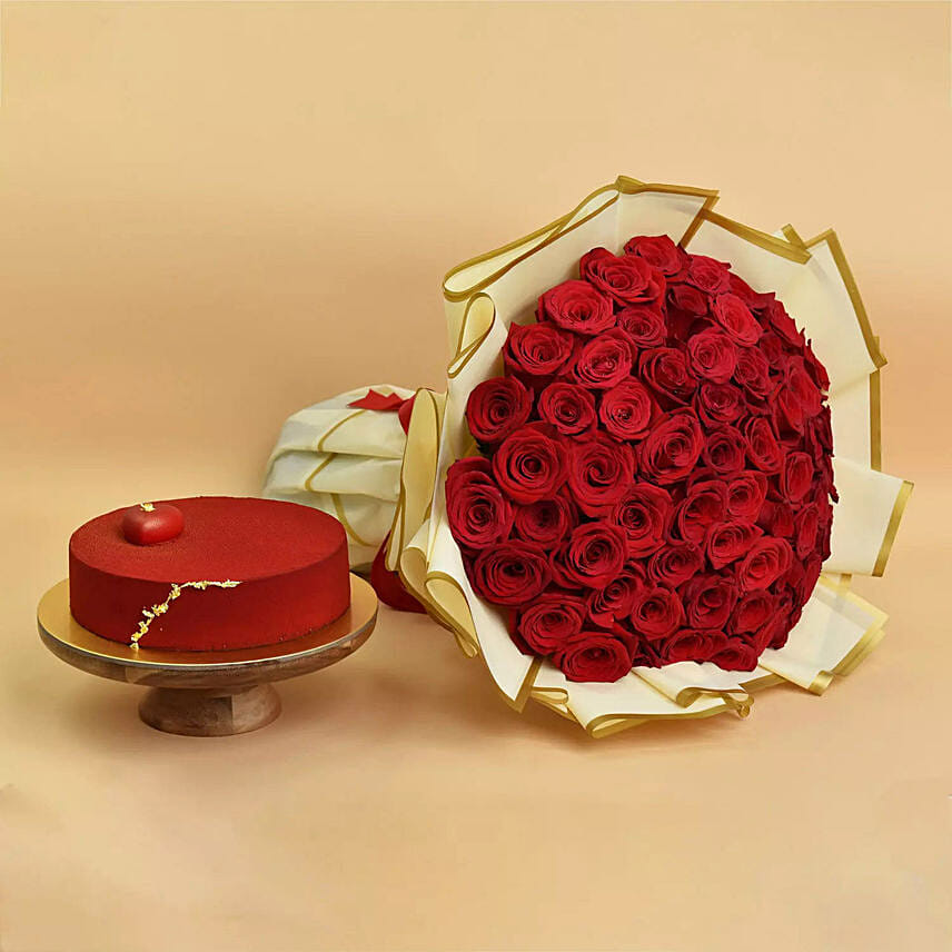 50 Valentine Roses Bouquet And Cake: Send Flowers to Bahrain