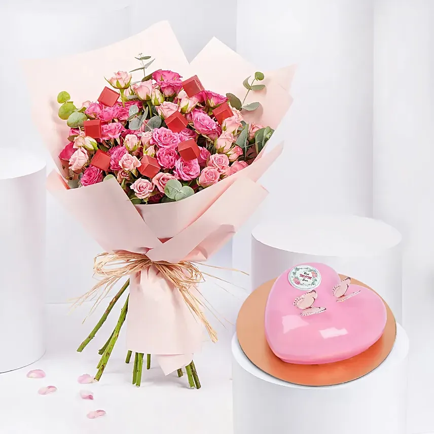 Blushing Pink Bouquet With Cake: Gift Combos in Bahrain