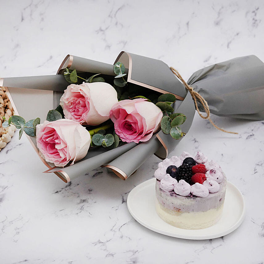 Pink Roses Bouquet Mono Cake Combo: Send Gifts to Bahrain
