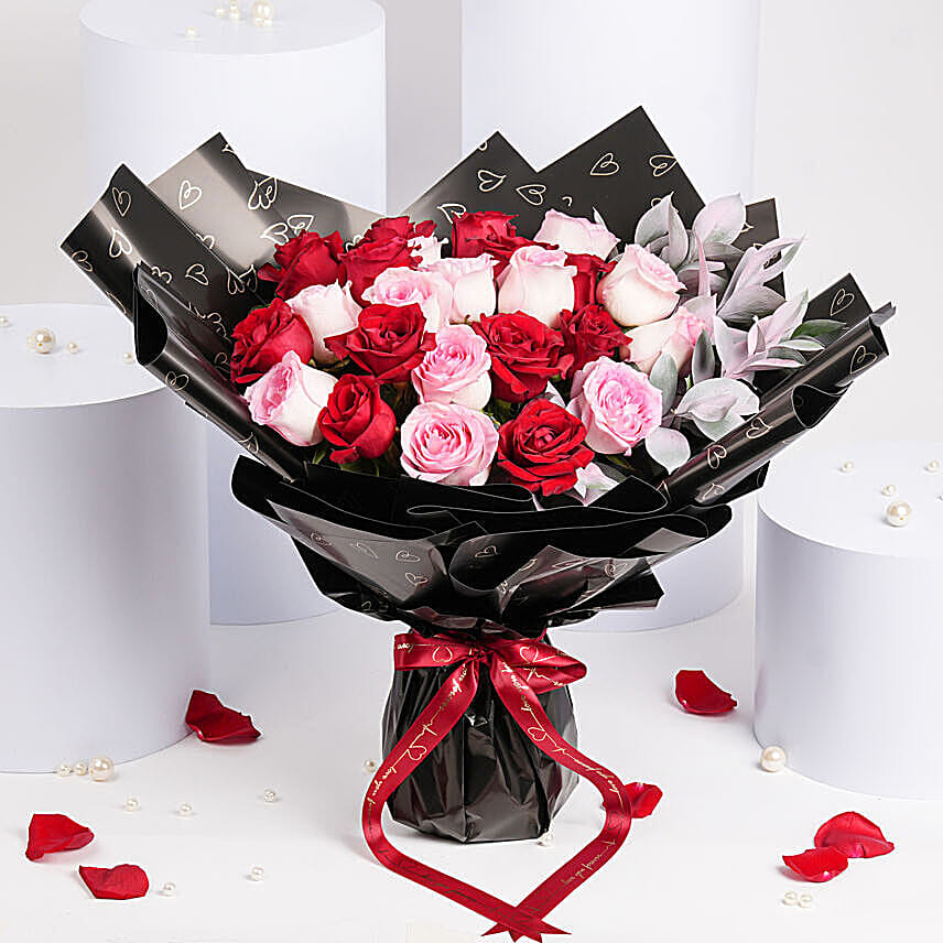 Valentine 12 Pink 12 Red Roses Bouquet: Send Flowers to Bahrain