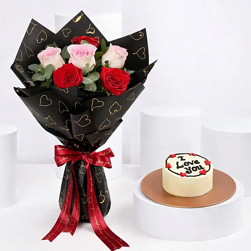 Crimson Rose Bouquet and Heart Cake Combo: Send Flowers to Bahrain