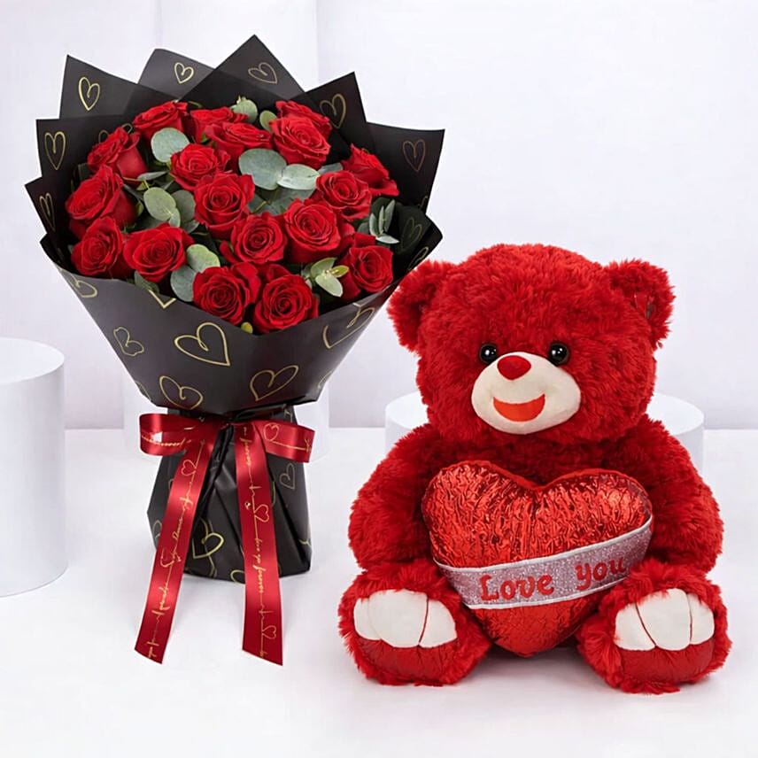 Red Roses With Heart Balloon Teddy: Valentines Day Gifts to Bahrain