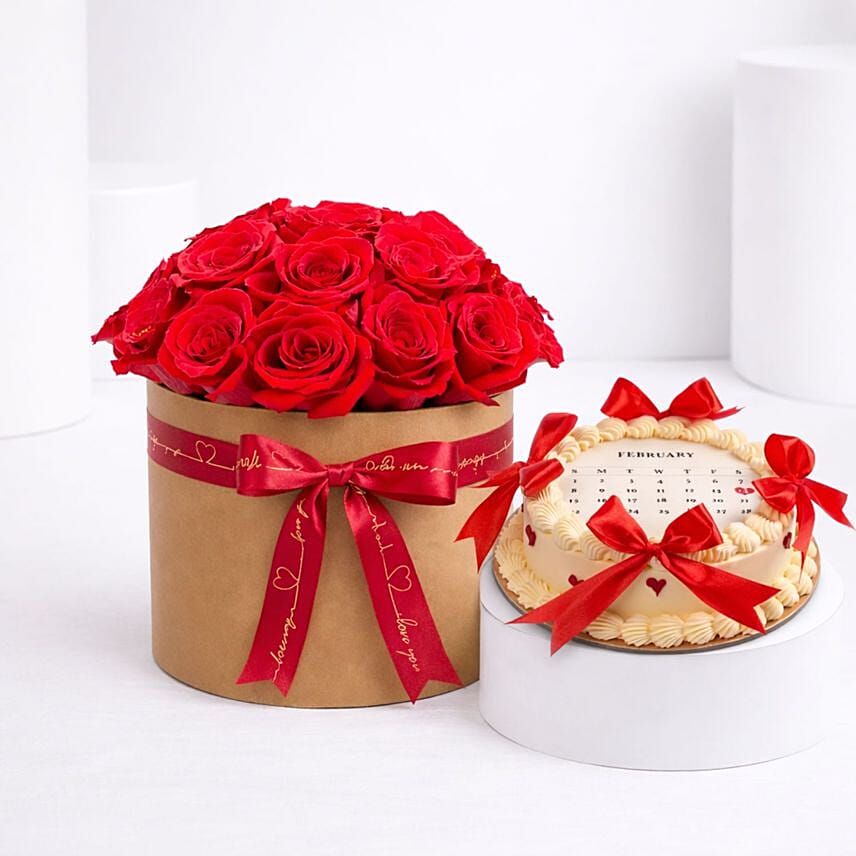 Romantic Red Roses Arrangement With Cake: Send Flowers to Bahrain