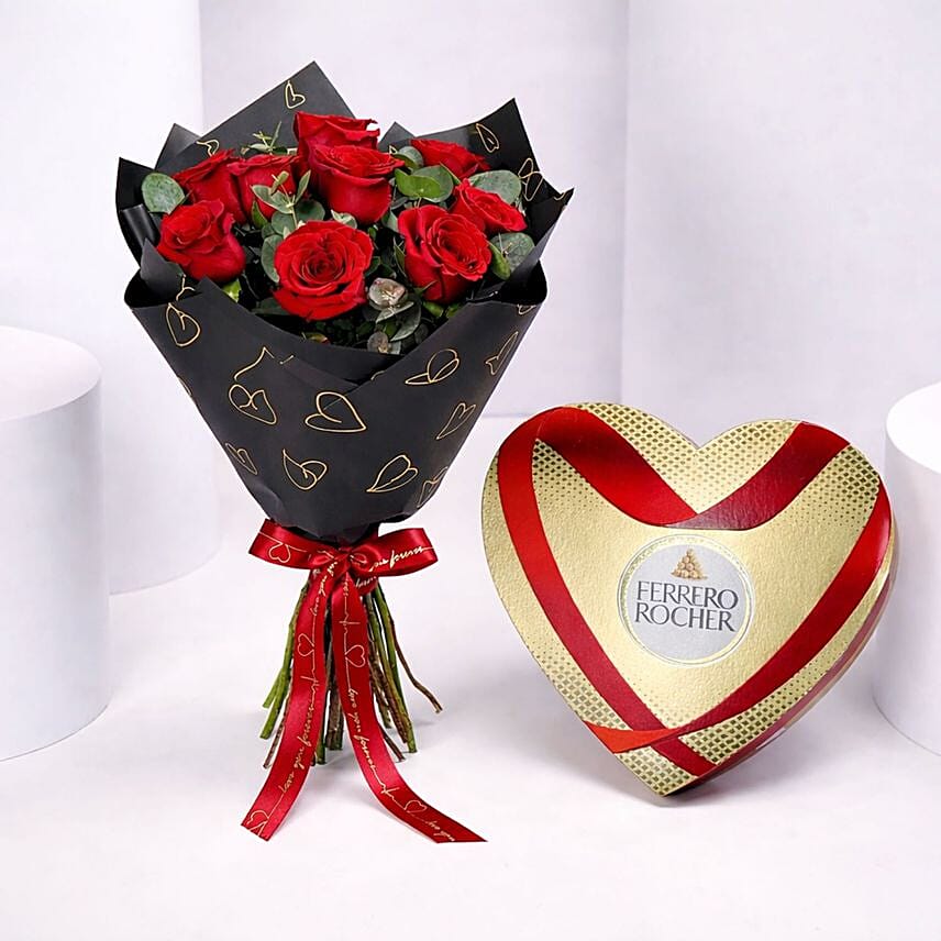Sweet Love 9 Red Roses and Ferrero Rocher Chocolate Heart: هدايا عيد الحب البحرين