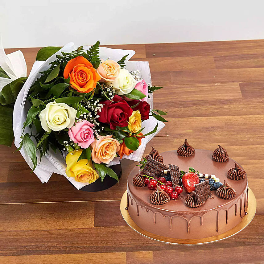 Dozen Multi Roses With Fudge Cake: Fathers Day Gifts to Egypt