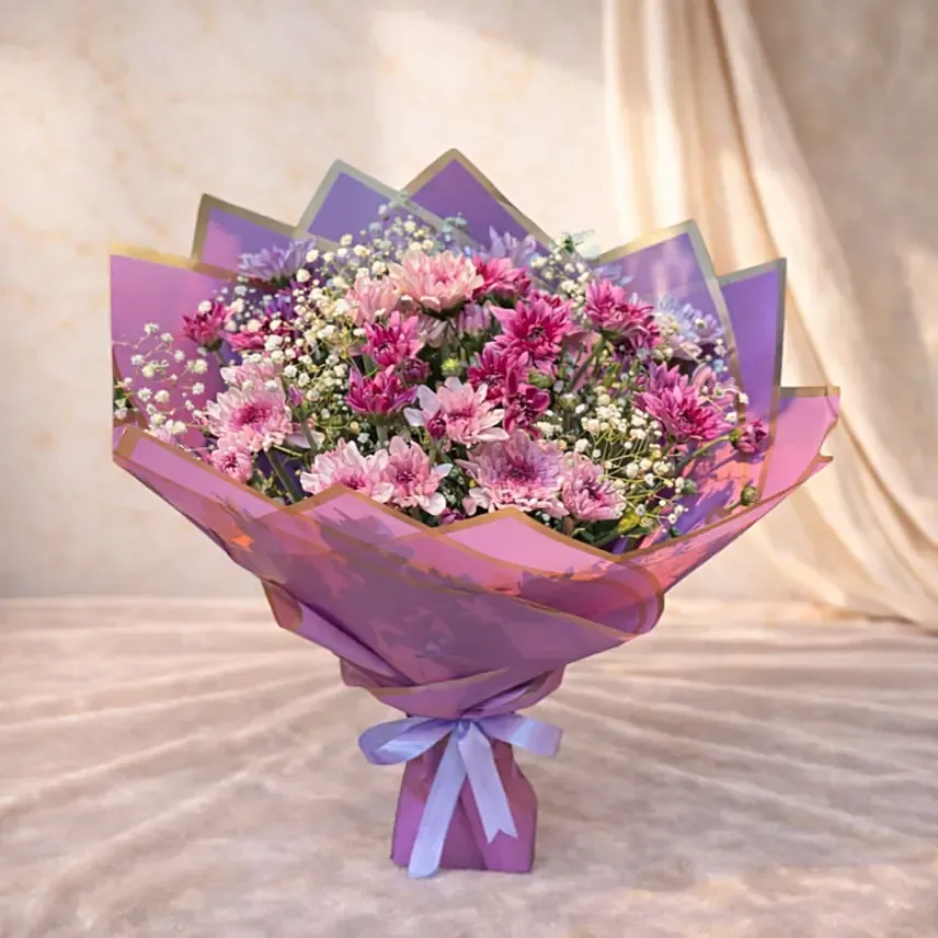 Pink Chrysanthemum and Babys Breath Elegant Bouquet: Send Gifts to Egypt