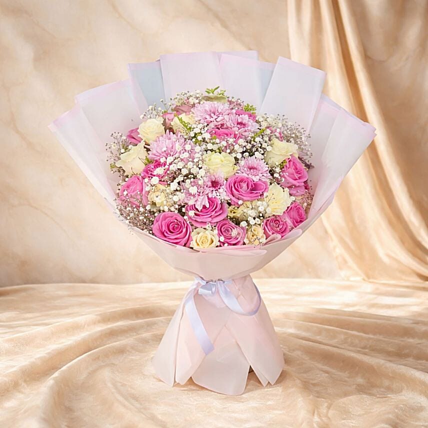 Pink Roses Chrysanthemum and Babys Breath Elegant Bouquet: Send Gifts to Egypt