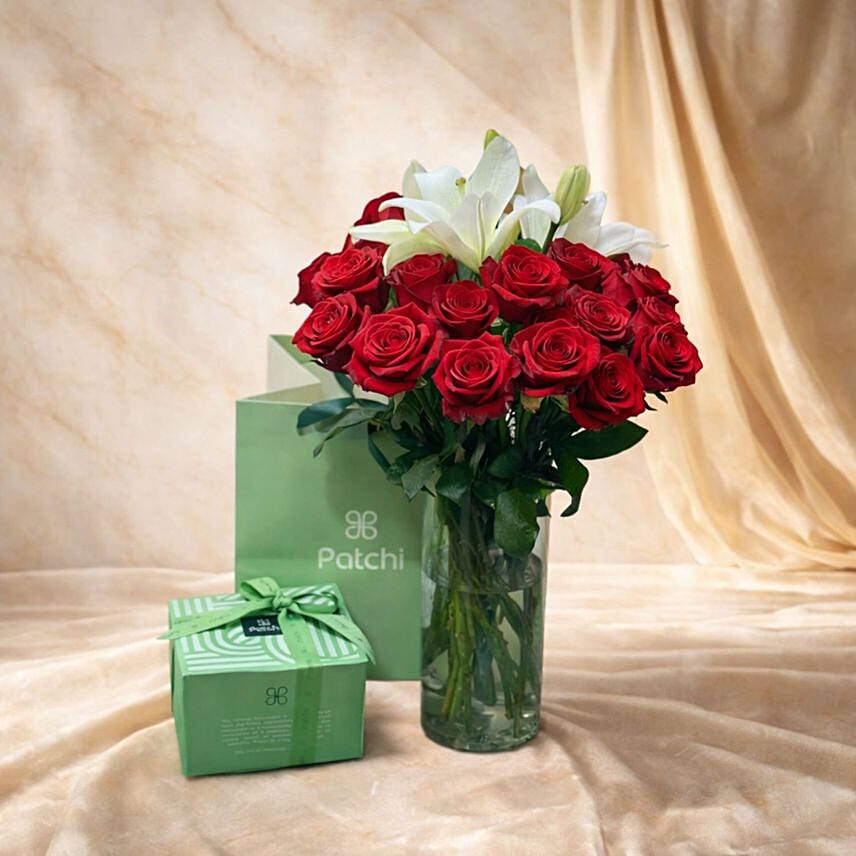 Red Roses and White Lily Vase with Patchi Chocolate Gift: Send Flowers to Egypt
