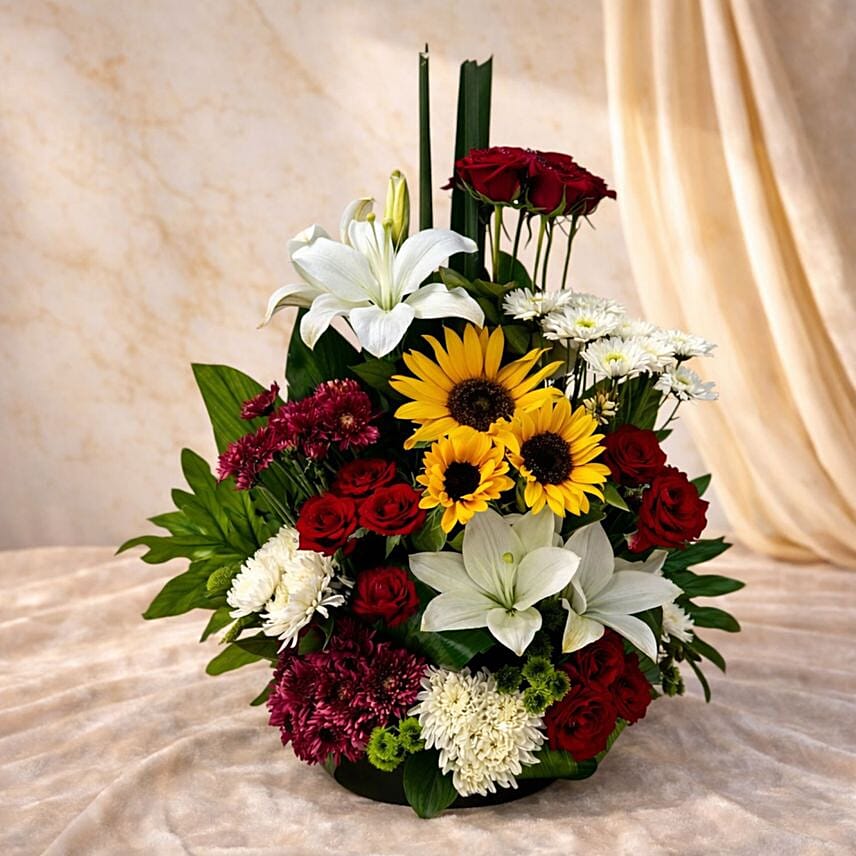 Sunflower Roses and Lily Mixed Floral Arrangement: Send Flowers to Egypt