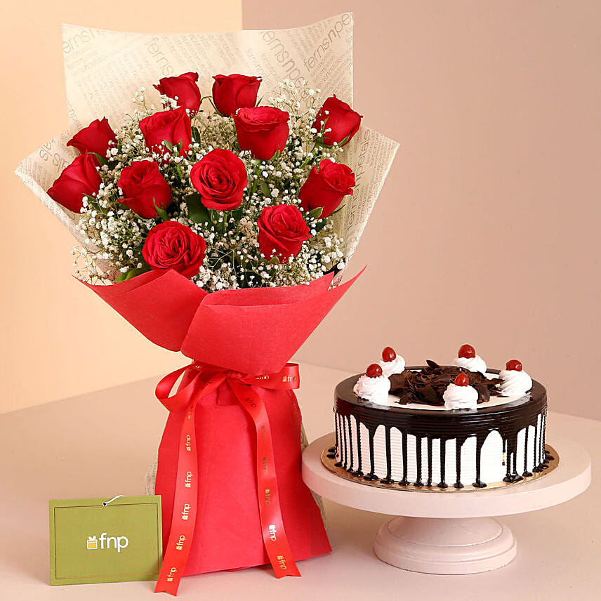 Confetti of Love Red Roses Bouquet And Black Forest Cake: Send Anniversary Gifts to India