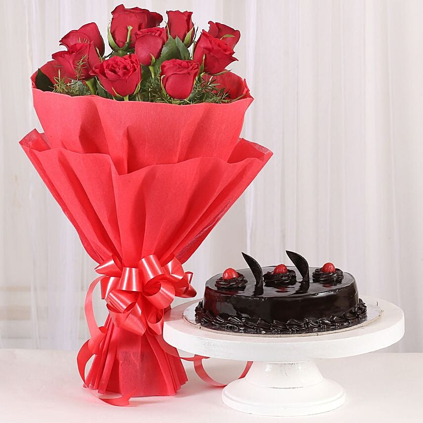 Eggless Chocolate Truffle Cake and Red Roses Bouquet: Combos