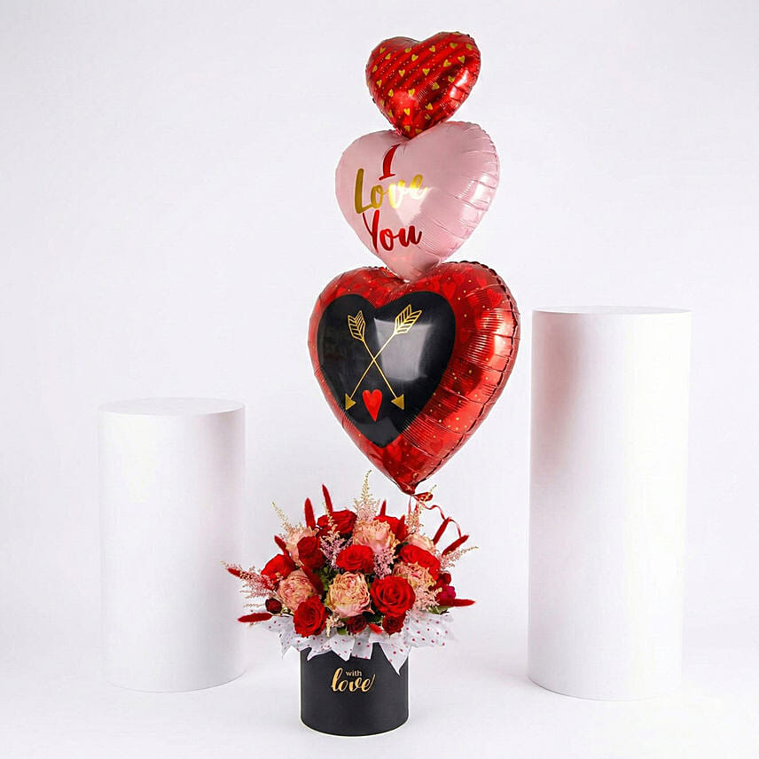 Valentine Helium Balloon with Red Roses Black Box: Send Gifts to Amman