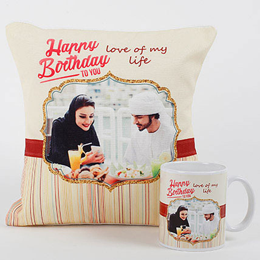 Romantic Personalized Mug N Cushion: Send Birthday Gifts to Kuwait