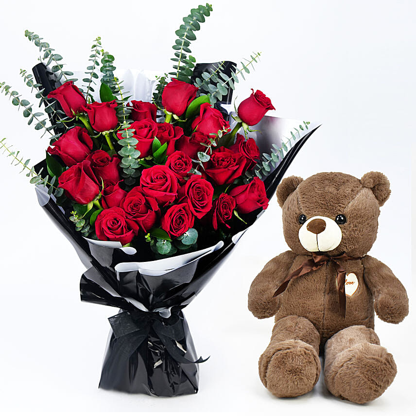 24 Roses Bouquet With Teddy: Send Gift Combo to Kuwait