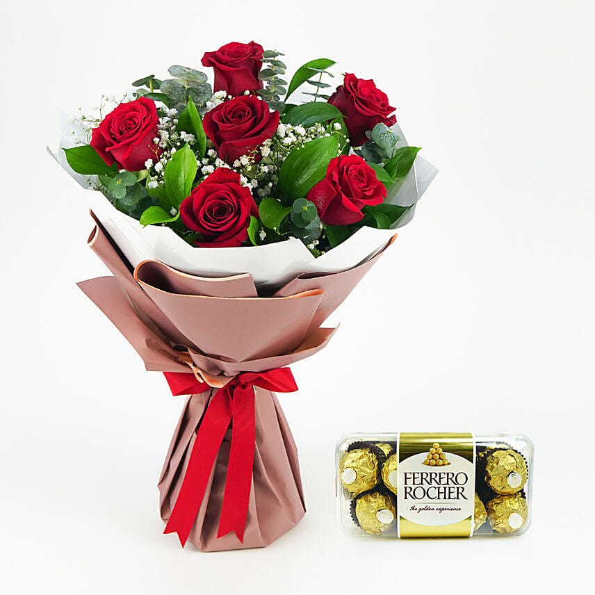 باقة من شوكلاتة فيريرو روشيه و6 ورود حمراء: kuwait/gifts/love-n-romance