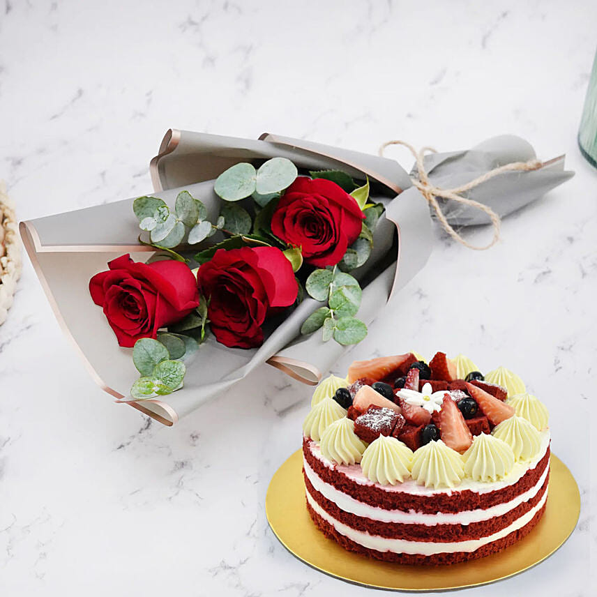 Red Velvet Cake and Fresh Red Roses: Send Gifts to Kuwait