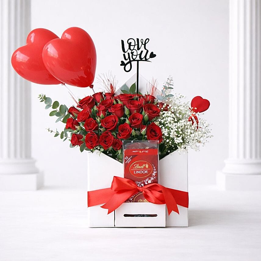 Love You Red Roses and Lindt Chocolate Gift Box With Decorative Balloons: هدايا عيد الحب الكويت