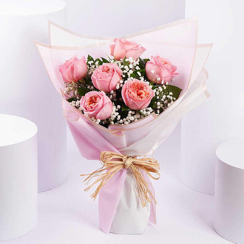 6 Pink Garden Roses Premium Bouquet: Anniversary Flowers to Dubai