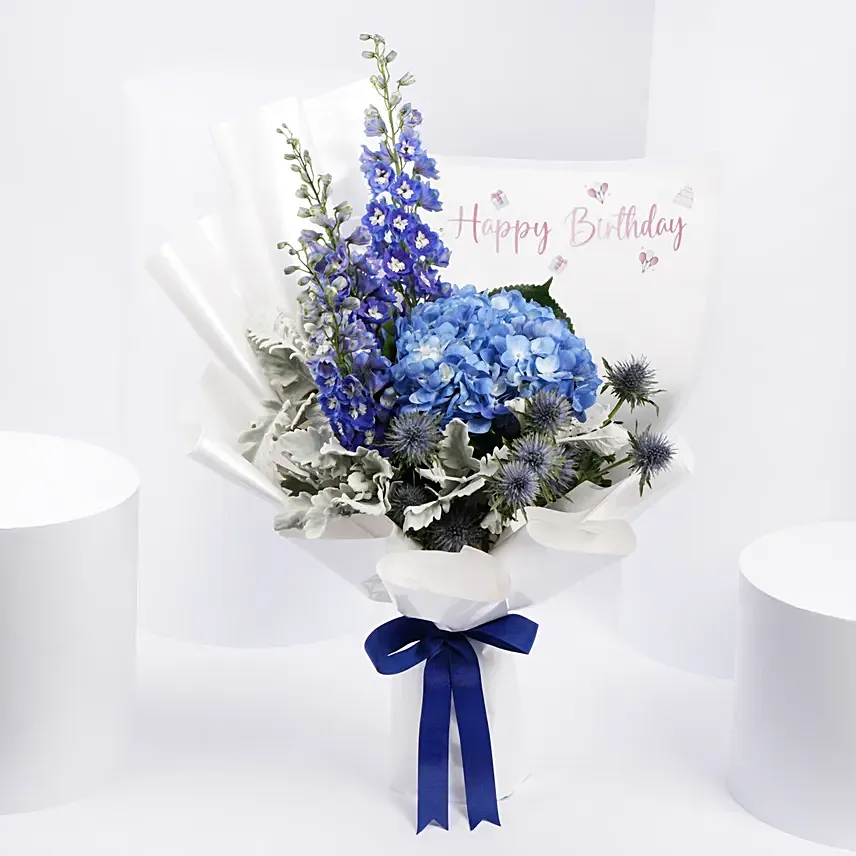 Birthday Wishes Blue Flowers Bouquet: Flower Arrangements