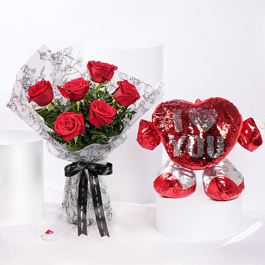 Bouquet of 6 Red Roses With Hugging Heart for Valentines: Teddy Day Gifts