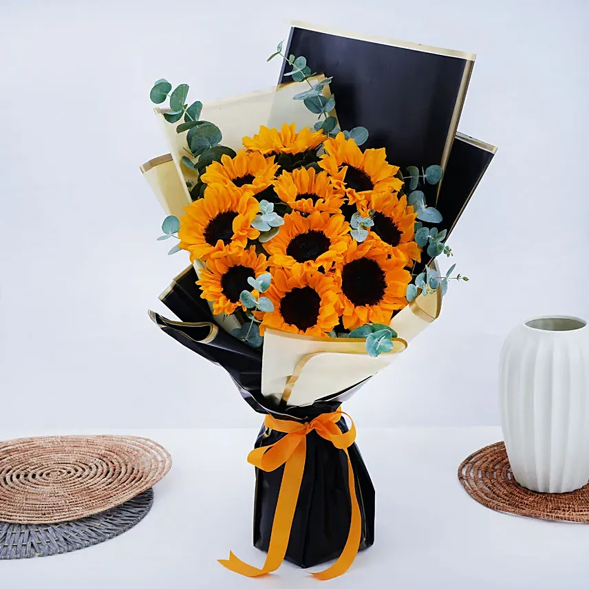 Charismatic Sunflowers Beautifully Tied Bouquet: Yellow Flower Bouquets