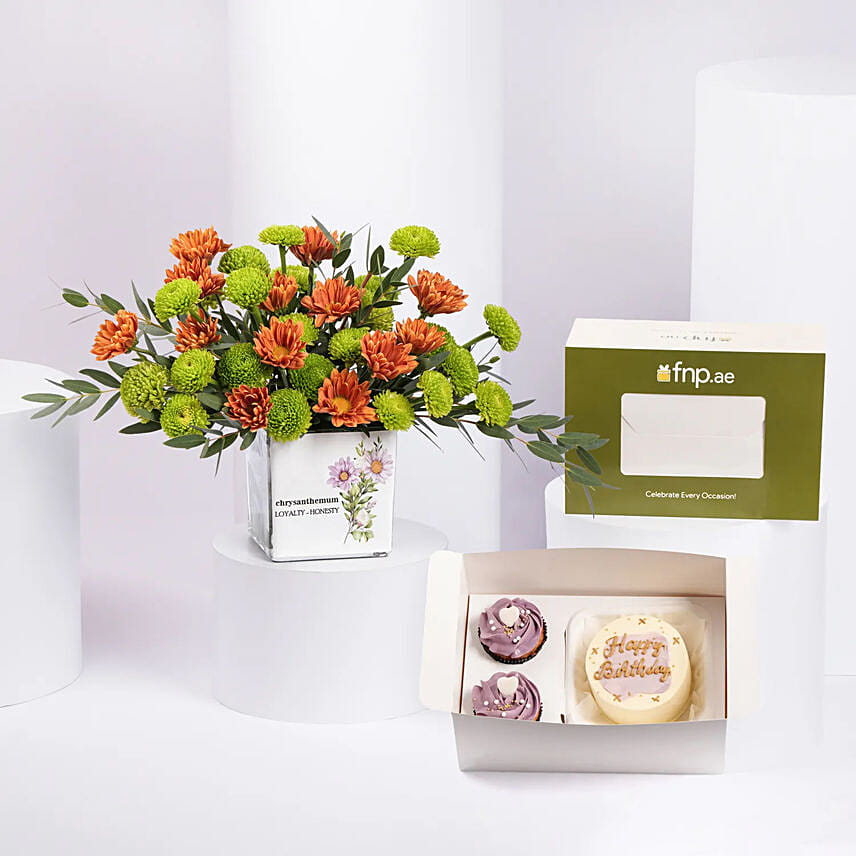 Chrysanthemum Birthday Flowers Vase With Bento Cake: Chrysanthemum Flowers Bouquets