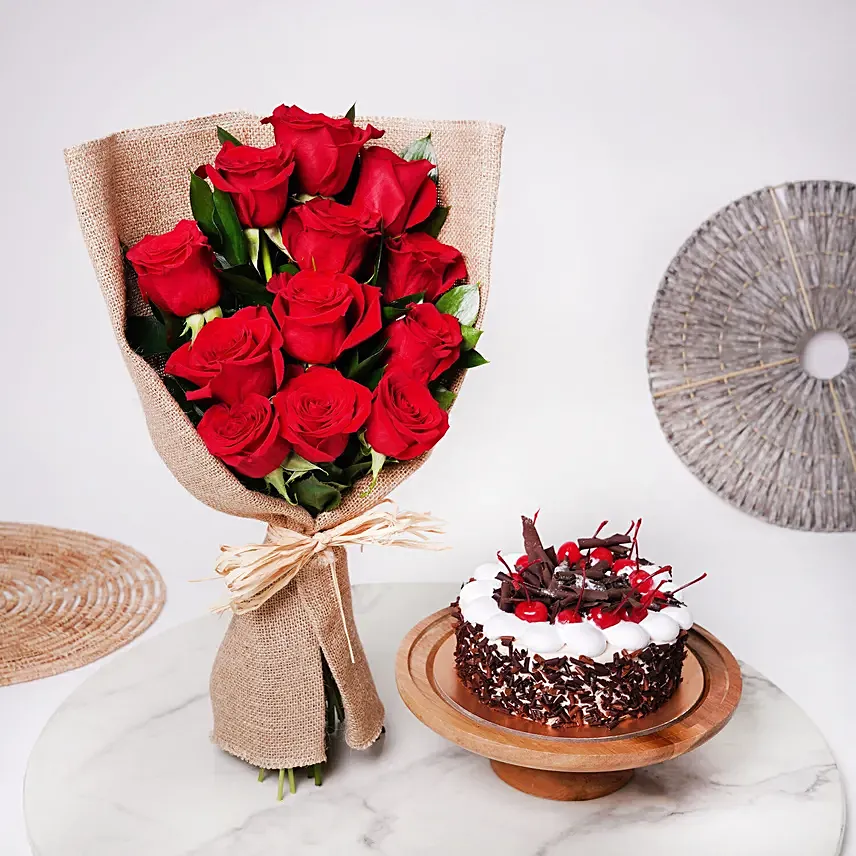 Dozen Roses with Blackforest Cake: Flowers & Cakes