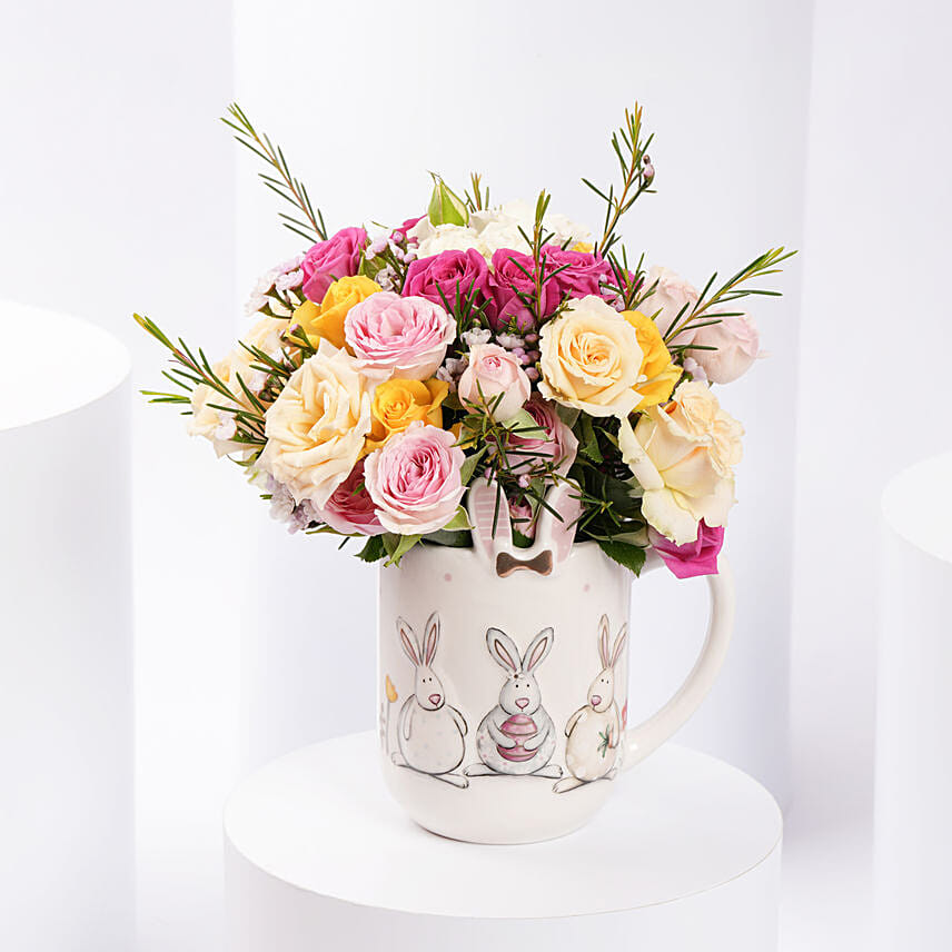 Easter Flower Bouquet inside Bunny Mugs as decor piece