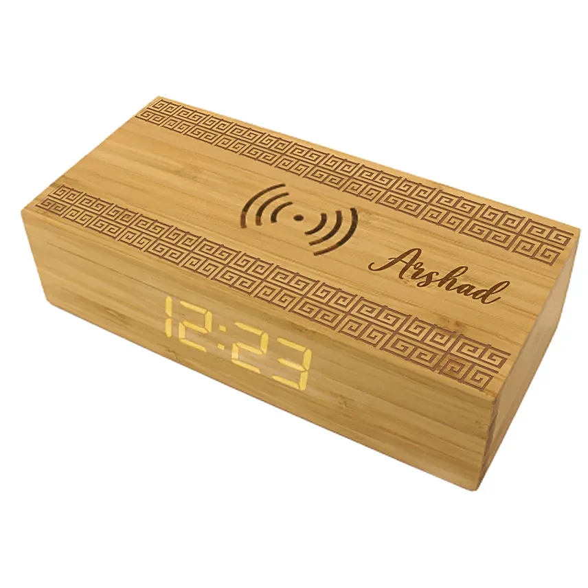 Engraved Text Bamboo Wireless Charger with Clock: 