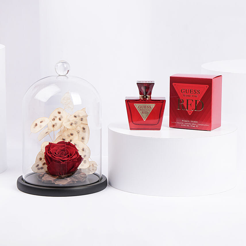 Guess Perfume with Red Forever Rose gift by fnp.ae
