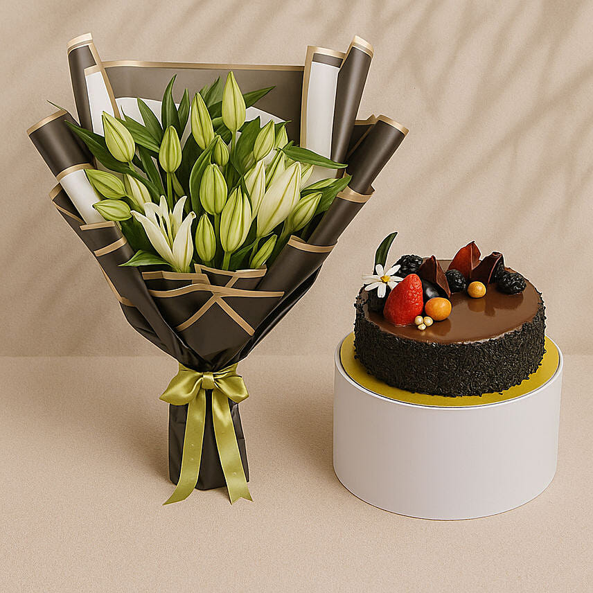 Luxury Lilies With Chocolate Fudge Fantasy Cake: Wedding Anniversary Flowers