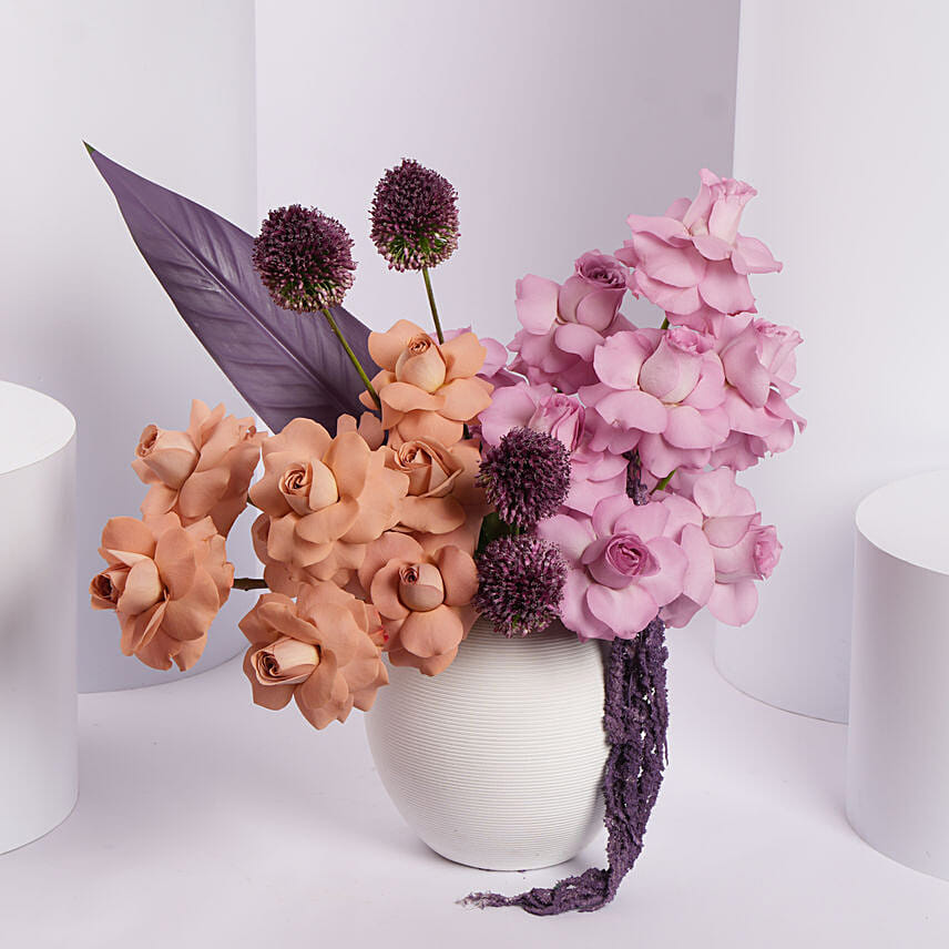 Peach and Lavender Flower Arrangement in White Vase: New Arrival Flowers