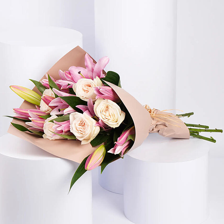 Pink Liilies and Ohara Roses Fragrant Ripples Bouquet: Lilies flowers Bouquet