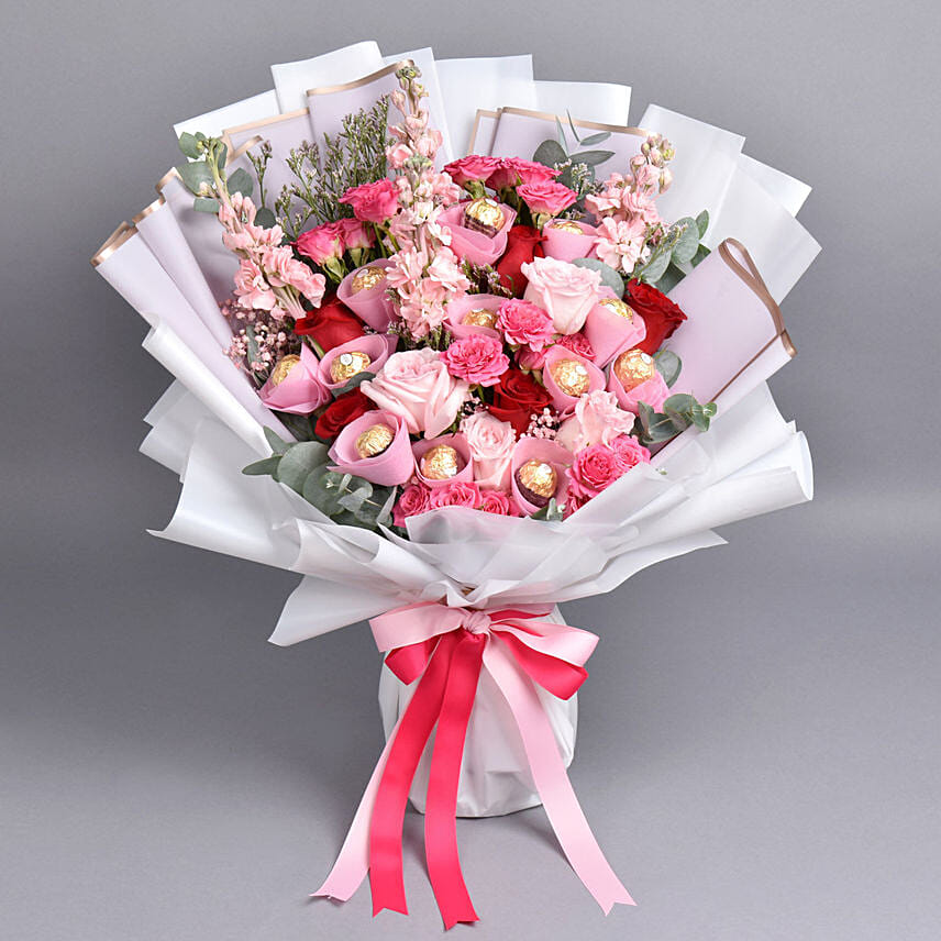 Pink Petals and Chocolates Bouquet: Happy Anniversary Chocolates